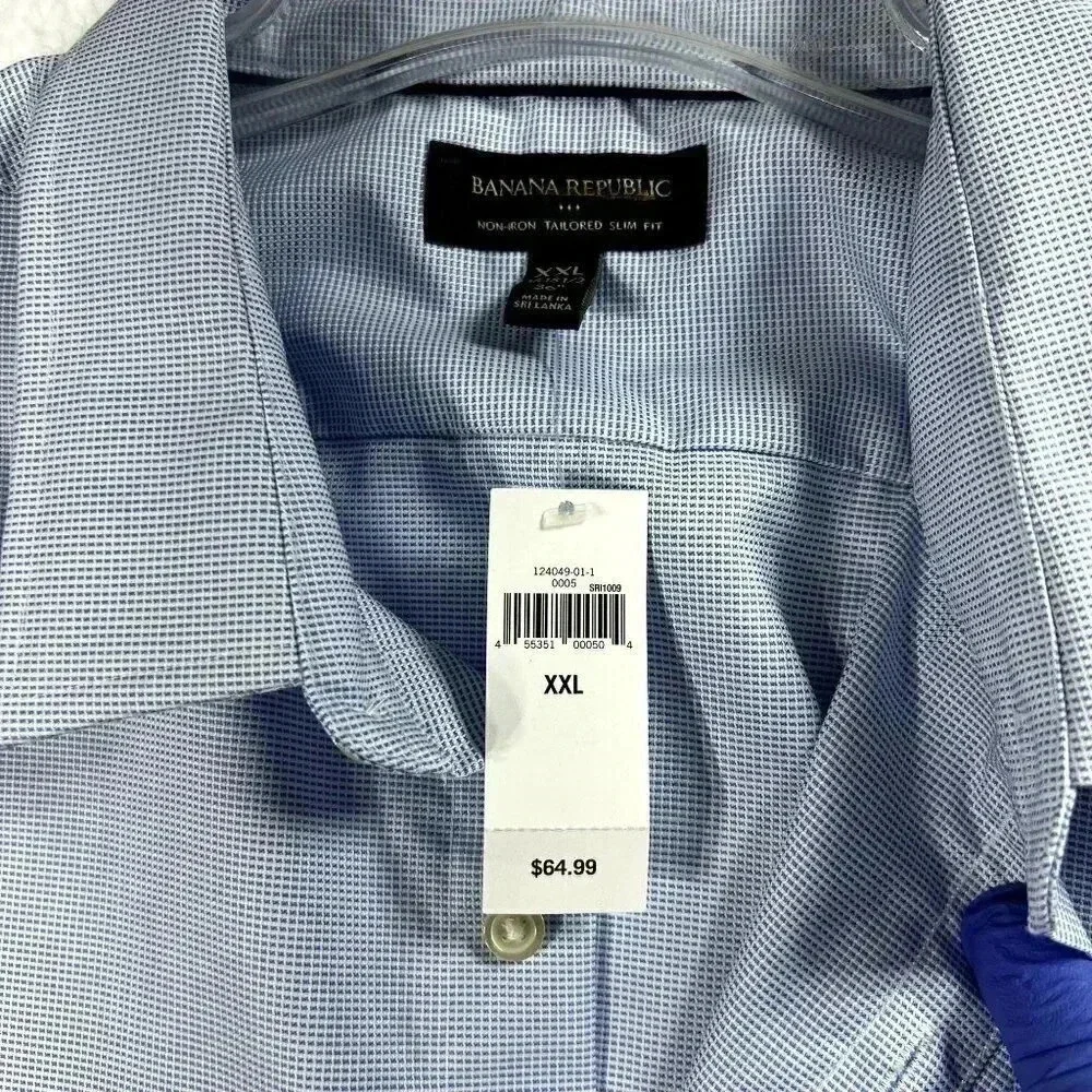 Banana Republic Men's XXL Basic Blue SlimFit Untucked NonIron Grid Pattern Shirt